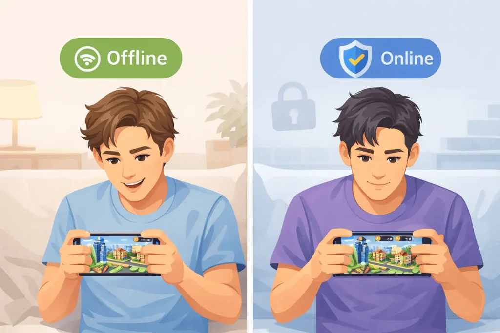 image showing a boy playing simcity online vs ofline